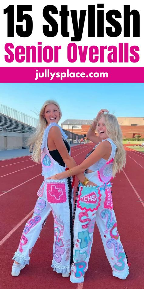 Senior Overalls Senior Coverall Ideas, Pink And White Senior Overalls, Game Day Overalls Outfit, Cute Senior Overalls Ideas, White Senior Overalls Ideas, Custom Overalls Diy, Overalls Decorated Ideas, Homecoming Overalls Diy, Hoco Overalls Freshman