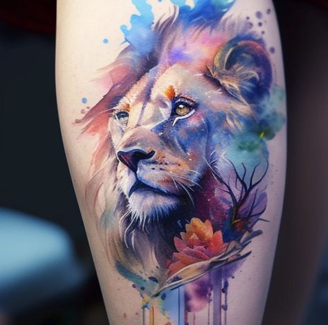 Tattoo Lion Women, Colorful Lion Tattoo, Watercolour Tattoo Men, Tattoo Lion, Lion Tattoos, Kunst Tattoos, Upper Arm Tattoos, Small Girl Tattoos, Roaring Lion