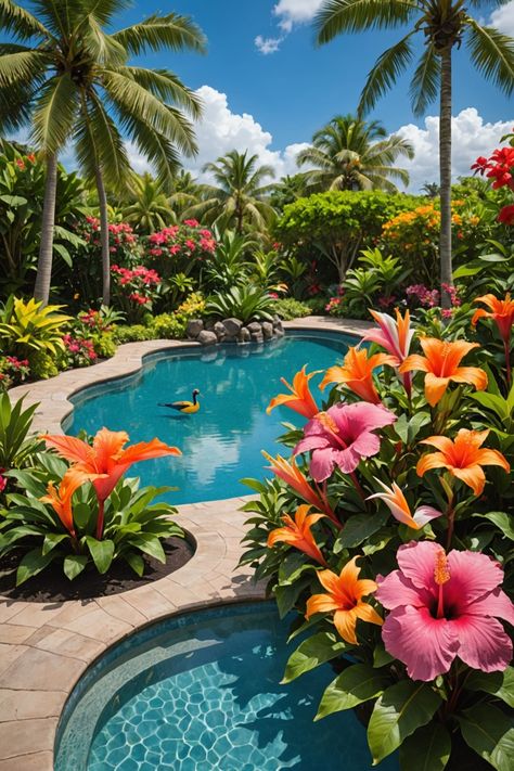 Landscape Ideas Beach, Pool Backyard Landscape, Tropical Pool Landscaping Ideas, Florida Landscaping Ideas, Pool Tropical, Luxury Pools Backyard, Yucca Rostrata, Eagle Decor, Florida Pool