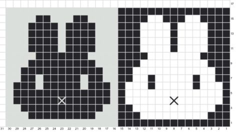 Miffy Tapestry Crochet, Miffy Grid Pattern, Simple Crochet Grid Patterns, Miffy Granny Square, Black And White Tapestry Crochet, Miffy Pixel Grid, Pixel Grid Design, Miffy Alpha Pattern, Miffy Pixel Art