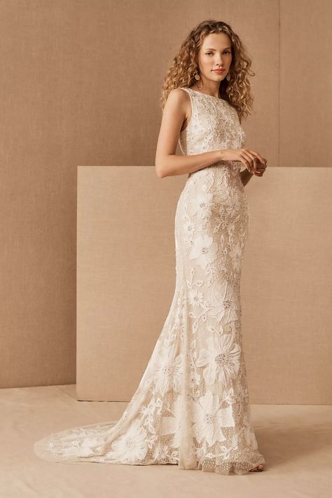 BHLDN Lucia Gown | Anthropologie Boat Neck Wedding Dress, Feminine Wedding, Neck Wedding Dress, Gown White, Anthropologie Wedding, Floral Wedding Dress, Neutral Wedding, Column Gown, Bohemian Wedding Dresses