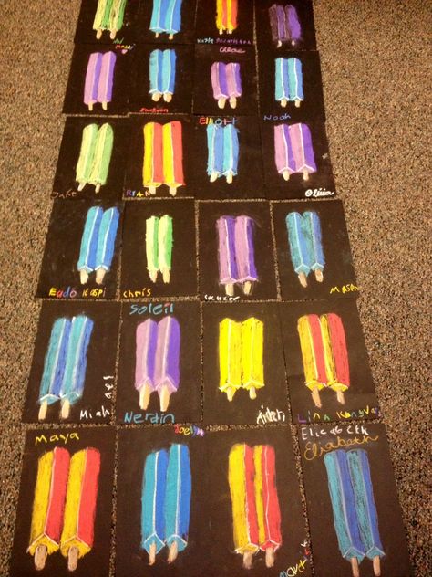 All of these lessons I switch around each year when I add a new one in. The popsicles were the new one this year. On black card stock we draw a popsicle. I use Crayola Chalk, most of the colors have a light and dark shade. They get to choose a set for the popsicle. … Continue reading 3rd Grade Popsicles- with Values Third Grade Art Project, Values Art, Crayola Chalk, 3rd Grade Art Lesson, Third Grade Art, Art Docent, Classe D'art, Steam Art, Elementary School Art