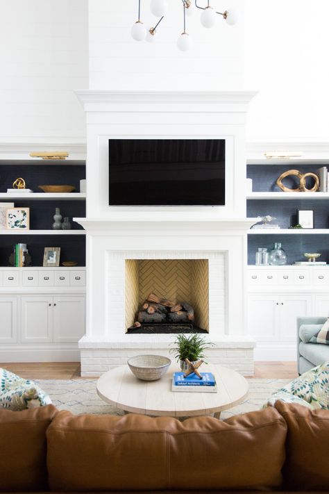 Windsong Project - Studio McGee Board And Batten Fireplace Wall, Fireplace Revamp, Remodel Fireplace, Fireplace Brick, White Brick Fireplace, Painted Brick Fireplace, Painted Brick Fireplaces, Wooden Fireplace, Brick Fireplace Makeover