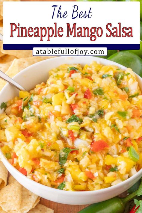 Pineapple Mango salsa is delicious, refreshing, and easy to make! Perfect for tacos, topping salmon, or just enjoying with chips! Easy Mango Salsa Recipe, Pineapple Mango Salsa, Mango Pineapple Salsa, Red Chile Sauce, Mango Salsa Recipes, Salmon Tacos, Chunky Salsa, Green Salsa, Pineapple Salsa