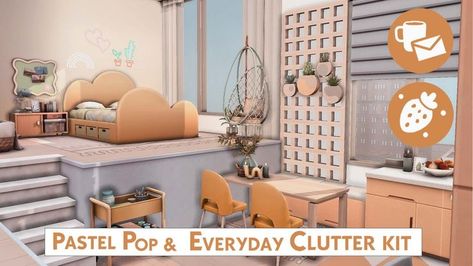 I'm playing with new Patel po and Everyday clutter kit ! Sims 4 Adrienpastel, Sims 4 Artist Room, Sims 4 Pastel Pop Kit, Everyday Clutter Kit Sims 4, Sims 4 Pastel Bedroom Cc, Pastel Apartment, Pastel Living Room, Pastel Print, Pastel Outfit