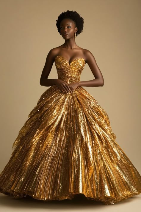 Great Gatsby Gown Classy, Gold Dress Fantasy Gowns, Gold Gown Black Woman, Gold Red Carpet Dresses, Gala Dresses Gold, Yellow Ball Gown Prom Dress, Liquid Gold Dress, Gold Ball Gown Aesthetic, Red Carpet Gowns Classy