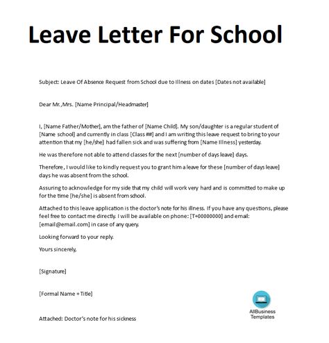 Leave letter for school | Templates at allbusinesstemplates.com Leave Letter For School, Absent Letter, Absent From School, Printable Letter Templates, Formal Business Letter, Thanks Words, School Template, Application Letters, Business Letter