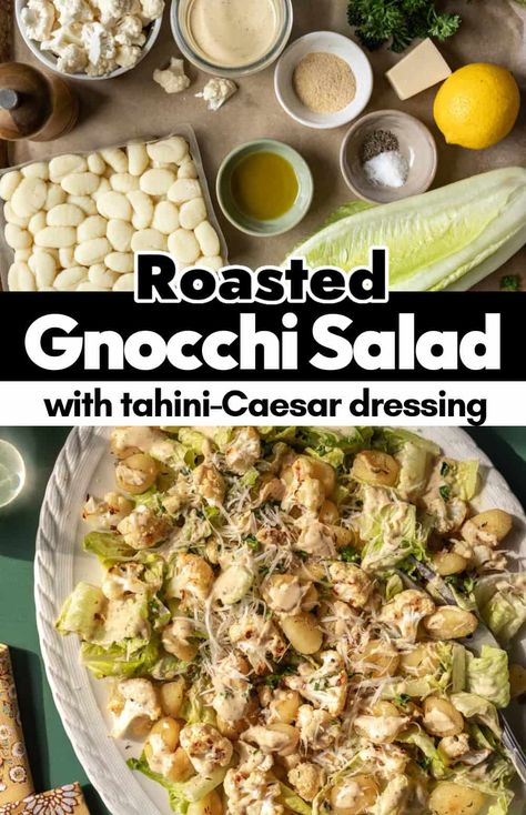 This gnocchi salad is a fresh twist on Caesar salad. With crisp-yet-pillowy roasted gnocchi standing in for croutons, plus roasted cauliflower, crisp romaine lettuce, and a rich tahini-Caesar dressing. It's perfect as a light lunch or side dish, simple to prepare, and easily made vegan and gluten-free with your choice of gnocchi! Gnocchi Salad Recipes, Gnocchi Salad, Roasted Gnocchi, Salad Croutons, Yum Salad, Crouton Salad, Roasted Broccolini, Vegan Caesar, Vegan Salad Dressing