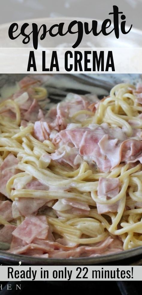 Mexican Ham Recipes, Recipes With Media Crema, White Mexican Spaghetti, Spaghetti And Ham Recipes, Spaghetti With Ham, Recipes With Mexican Crema, Recipes With Crema Mexicana, Ham Spaghetti Recipes, Mexican Spaghetti Recipes Sour Cream