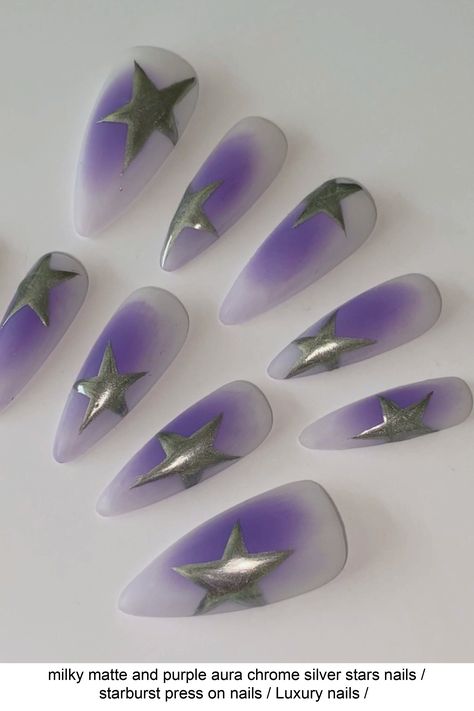 ✴ Hand painted ✴ Reusable ✴ High Quality ✴ Available in different colors, sizes and shapes (on request) IMPORTANT - PLEASE READ BEFORE PURCHASING All sets are made with GEL nail polish. These nails are reusable, if you take it off right. For instruction, please message me Each set comes with 10 handmade press on nails, a mini file, a mini buffer, a cuticle stick, a nail glue, Double Sided Adhesive Tape Glue, Alcohol Pad 1. Measurements Please mea Milky Purple Nails, Silver Stars Nails, Silver And Purple Nails, Nails Stiletto Long, Purple And Silver Nails, Purple Chrome Nails, Stars Nails, Nails Y2k, Purple Aura