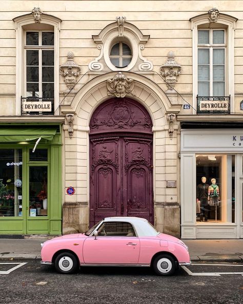 “Lola in Paris... #paris #france #pinkinmyfeed #nissanfigaro #pinkcar #pinkfigaro…” Parisian Doors, Nissan Figaro, Paris Paris, Pink Car, Feb 13, Facades, New Shows, Good Vibes Only, Store Fronts