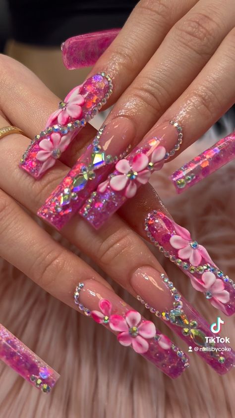 Pink Rhinestone Nail Designs, Super Bling Nails, Valentines Day Junk Nails, Pink Swarovski Nails, Fushia Nail Designs Ideas, Colorful Bling Nails, Pink Dramatic Nails, Pink Blinged Out Nails, Bling Valentines Nails