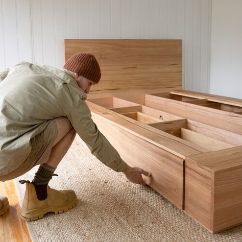 Plywood Beds, Simple Bed Design, Angled Headboard, Timber Bed Frame, Timber Bed Frames, Record Dividers, Timber Bed, Drawer Bed, Diy Utensils