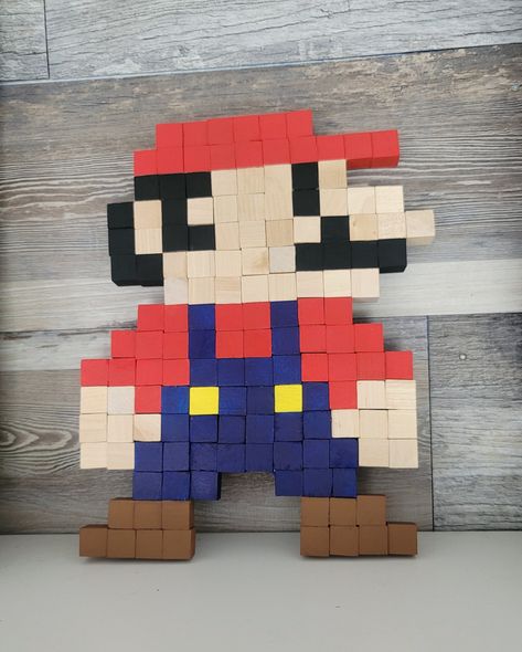 Crafts Using Jenga Pieces, Jenga Block Painting Ideas, Block Pixel Art, Mario Crafts, Spring Flower Crafts, Diy Coat Rack, Mario Bros Birthday, Jenga Blocks, Wood Block Crafts