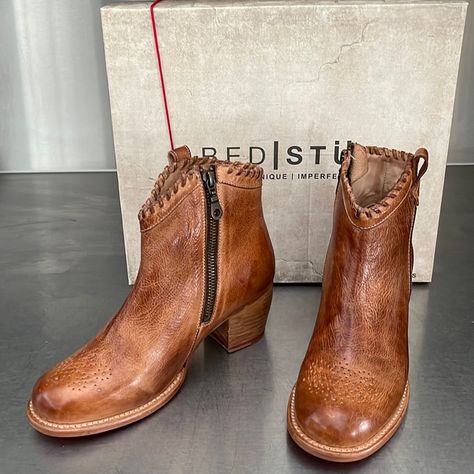 Bedstu Tan Short Boots In Perforated, Burnished Leather; Whipstitch Accents, Pull Tabs And 2.5” Stacked Heel. Please Review Sizing Reviews As Bed Stu Sizing Vary. Originally $265, Asking $148 Bed Stu Sandals, Bed Stu Boots, Distressed Leather Belt, Leather Boat Shoes, Harness Boots, Shoe Last, Bed Stu, Leather Sandals Flat, Low Boots