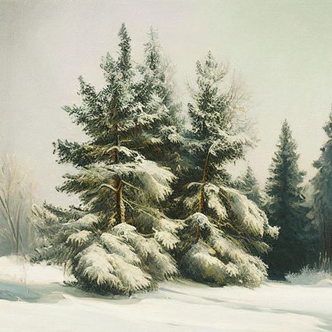 Evergreen Painting, Tree Oil Painting, Old Tree, Picture Icon, Evergreen Trees, Vintage Winter, Tree Oil, Cabin Decor, Winter 2024