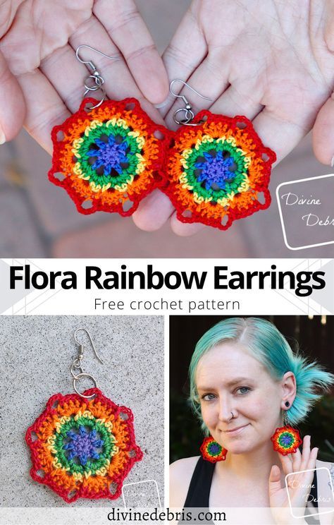 Free Flora Rainbow Earrings Crochet Pattern by Divine Debris Divine Debris Crochet Earrings Free Pattern, Pride Earrings, Earrings Crochet, Crochet Earrings Pattern, Earrings Pattern, Rainbow Earrings, Earring Patterns, Things To Make, Easy Crochet