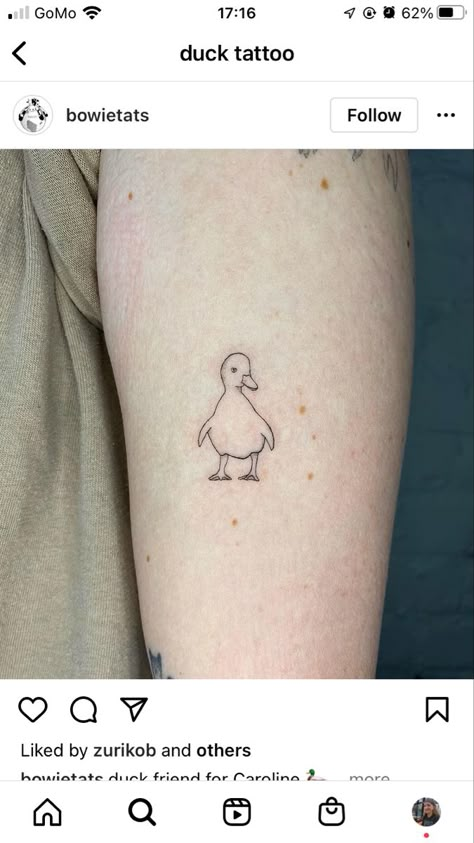 Small Duck Tattoos For Women, Lil Duck Tattoo, Goose Line Tattoo, Minimal Duck Tattoo, Duck Line Tattoo, Duck Tattoos Cute, Tiny Chicken Tattoo, Fine Line Duck Tattoo, Chick And Duck Tattoo Friends