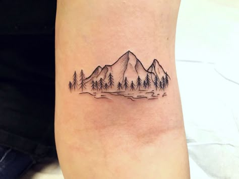 Mountain Tattoo Above Elbow, Mountain Tattoo With Trees Simple, Mountain With River Tattoo, Women Mountain Tattoo, Mountain Tattoo With Trees, Inside Of Elbow Tattoo, Floral Mountain Tattoo, Mountain Tattoo With Flowers, Above The Elbow Tattoo Women