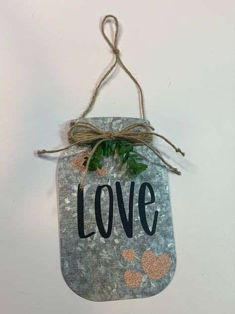 Check out this DIY using a sign and vinyl paper from Dollar Tree! Dollar Tree Metal Mason Jar Sign, Dollar Tree Galvanized Sign Diy, Diy Dollar Tree Wood Signs, Dollar Tree Galvanized Metal Crafts, Dollar Tree Metal Signs, Dollar Tree Metal Signs Diy, Metal Mason Jar Sign, Tin Projects, Galvanized Sign