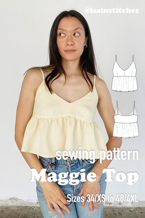 Maggie cami top sewing pattern, it's a rather easy project. Detailed sewing tutorial on Youtube Cami Top Sewing Pattern, Peplum Top Diy, Cami Top Pattern, Ruffle Cami Top, Top Sewing, Top Sewing Pattern, Neck Ruffle, Easy Projects, Top Pattern