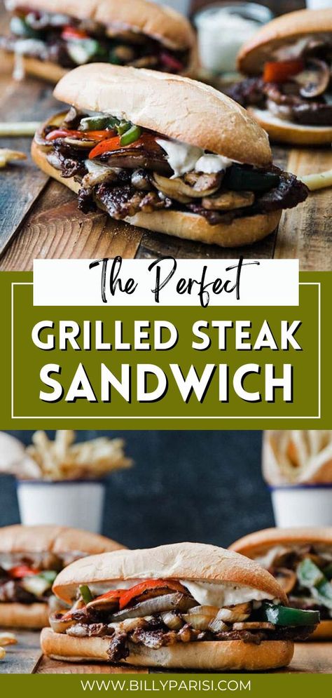 This Grilled Ribeye Steak Sandwich Recipe is loaded with roasted onions, peppers, and mushrooms with melted cheese and aioli sauce on a hoagie bun for a delicious, easy-to-make sandwich. They are incredibly simple to make and you can mix and match your favorite toppings and cheeses to adapt to your taste buds. Ribeye Sandwich Recipe, Grilled Steak Sandwich, Ribeye Steak Sandwich, Chicken Melt Recipe, Steak Sandwich Recipe, Peppers And Mushrooms, Steak Sandwich Recipes, Grilled Ribeye Steak, Beef Flank Steak