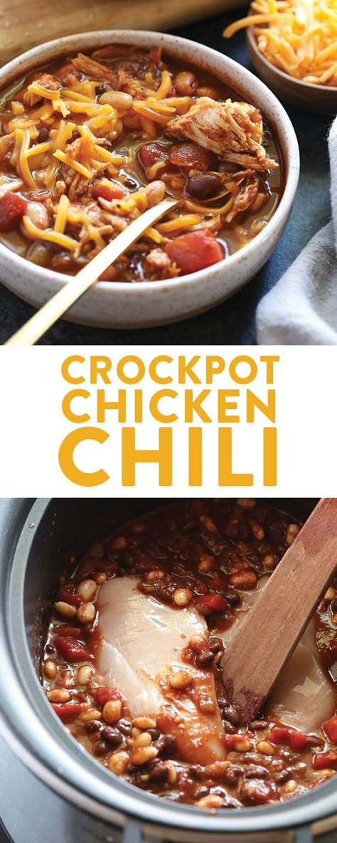 Crockpot Chicken Chili (gluten free!) - Fit Foodie Finds Chili Gluten Free, Crockpot Chicken Chili, Easy Chicken Chili, Healthy Slow Cooker Recipes, Chicken Chili Crockpot, Crockpot Chili, Slow Cooked Meals, Healthy Slow Cooker, Slow Cooker Recipes Healthy