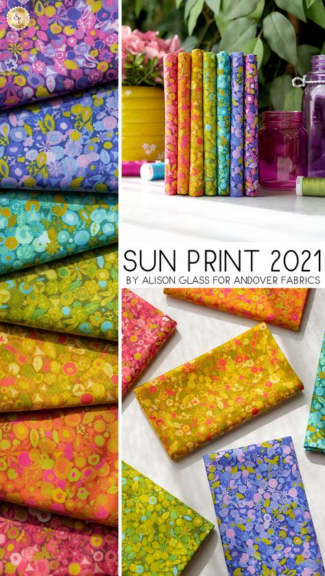 Available in June 2023! Sun Print 2021 from Andover Fabrics, designed by Alison Glass, is a modern fabric collection with a bright array of colors and eye-catching designs that range from unique flowers to geometric trinkets. This collection includes 7 skus and is available for purchase as Yardage & FQ Sets. Shabby Fabrics, Andover Fabrics, Sewing Diy, Fabric Yardage, Printed Quilt, Unique Flowers, Linen Closet, Riley Blake Designs, Moda Fabrics