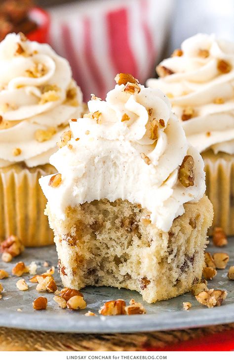 Butter Pecan Cupcakes, Pecan Cupcakes, Butter Pecans, Cinnamon Frosting, Moist Vanilla Cupcakes, Cinnamon Buttercream, Eggnog Cake, Cupcake Inspiration, Butter Pecan Cake