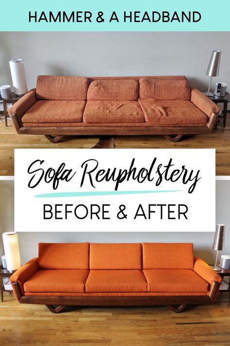 If you have a vintage mid-century modern sofa, it's probably about time for a reupholstery job. By now the couch fabric has faded, stretched and pilled, and the foam cushions are crumbling to pieces, but your couch can be rescued. Click to find out what to expect if you get your sofa reupholstered, how the upholstery process went for me, and a Q&A with a Portland upholster. #midcenturymodern #upholstery Couch Redo Diy, Sofa Refurbish Ideas, Upholster Couch Diy, How To Reapolstering Couch Diy, Couch Reupholster Ideas, Diy Upholstered Couch, Diy Couch Reupholster, Reupholster Couch Diy Step By Step, How To Upholster A Sofa