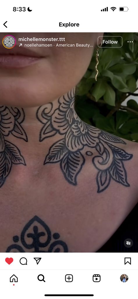 Neck Piece Tattoos Women, Ornamental Neck And Chest Tattoo, American Trad Neck Tattoo, Traditional Throat Tattoos Women, Symmetrical Neck Tattoos Women, Ornament Neck Tattoo, American Traditional Neck Tattoos Women, Soft Neck Tattoo, Full Throat Tattoos Women