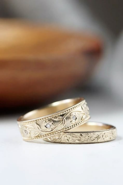 Floral wedding bands *your* way: available in 14k or 18k gold, narrow or wide, with or without diamonds. His Hers Wedding Bands, Gold Wedding Bands His And Hers, Womens Wedding Bands Gold, Vintage Gold Wedding Band, Wide Wedding Bands For Women, Engaged Rings, Floral Wedding Band, Army Rings, Floral Wedding Bands