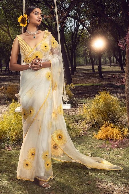 Buy Off White Saree Organza Embroidery Pearl Sunflower Applique Set For Women by Nitika Gujral Online at Aza Fashions. Sunflower Saree, White Organza Saree, Applique Saree, Pearl Saree, Sunflower Applique, Blouse Organza, Painted Saree, Paint Shirt, Off White Saree