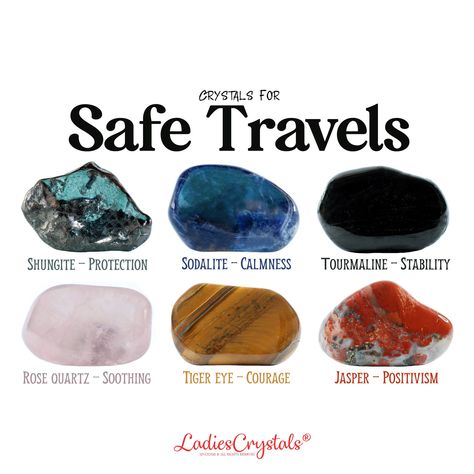 This is a safe travels crystal set of 6 crystals. Shungite, sodalite, black tourmaline, rose quartz, tiger eye and jasper.  The safe travels set includes: ☆ 6 crystals are listed above with sizes 2 - 2,5 cm. ☆ Information glossy card with the properties of crystals. ☆ Velvet bag for your stones. ☆ Gift card (optional). ☆ Everything is packed in a small elegant box with a ribbon ready to be given as a gift. ☆ CRYSTALS PROPERTIES ☆ Shungite - Protection Sodalite - Calmness Black tourmaline - Stabi Crystals Properties, Crystal Healing Chart, Magic Stones, Safe Travels, Crystals Healing Properties, Spiritual Crystals, Herbal Magic, Protection Crystals, Crystals Healing