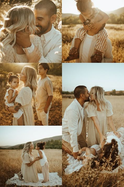 Fall Pasture Family Pictures, Farm Field Family Pictures, Field Pictures Ideas, Fall Sunset Family Pictures Outfits, Prairie Family Photoshoot, Family Pictures In Flower Field, Family Pictures Outside Summer, Boho Family Fall Photoshoot, Family Of 3 Field Photoshoot