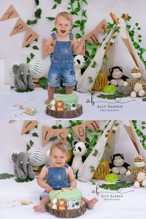 Jungle Theme Cake Smash, Safari Smash Cake 1st Birthdays, Jungle Theme Cakes, Jungle Theme Birthday Party, Boys 1st Birthday Cake, Wild Birthday Party, Baby Birthday Decorations, Zoo Birthday, Jungle Theme Birthday