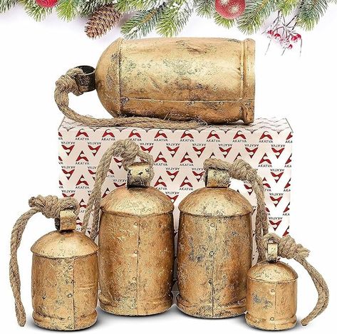 Amazon.com: Akatva Large Christmas Bells for Decoration – Cow Bells for Rustic Christmas Decor – Gold Bells for Christmas Decorations – Vintage Bells – Rustic Bells on Rope Set of 5 Pieces – Brass Rustic Finish : Home & Kitchen Large Christmas Bells, Gold Christmas Bells, Antique Christmas Decorations, Antique Bell, Rustic Christmas Decor, Bell Decorations, Rustic Holiday, Bell Ornaments, Cow Bell