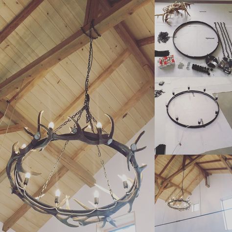 Ideas For Antlers Home Decor, Homemade Antler Chandelier, Antler Chandelier Diy, Antlers Chandelier, Diy Antler Chandelier, Diy Antler Projects, Barn Bar Ideas, Moose Horns, Antler Light Fixtures