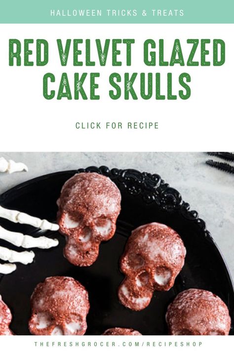 Red Velvet Skull Cakes, Glazed Cake, Skull Cupcakes, Red Velvet Recipes, Halloween Tricks, Skull Cake, Classic Recipes, Skull Halloween, Recipes For Dinner