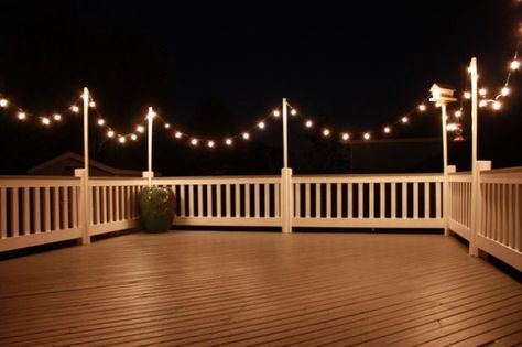 18 Fascinating Ideas Of Backyard Hanging Lights Outdoor Deck Lighting, Porch Railing, Deck Lights, Cool Deck, Rooftop Deck, Deck Plans, Diy Deck, House With Porch, Deck Lighting