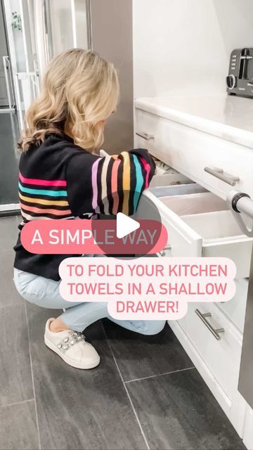 Dish Towel Storage Closet, Dishtowel Storage, How To Organize Kitchen Towels, Shallow Kitchen Drawer Organization, Dish Towel Organization, How To Fold Tea Towels, Organize Dish Towels, Dish Towel Storage Drawer, Dish Towel Storage