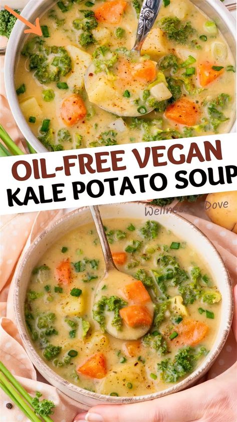 Creamy Kale Potato Soup Potato Kale Soup, Kale Potato Soup, Raw Vegan Recipes Easy, Kale Potato, Vegan Carrot Soup, Creamy Kale, Vegan Pantry, Small Red Potatoes, Creamy Mushroom Soup