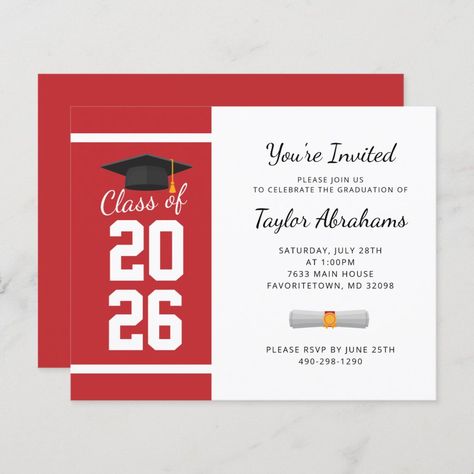 Budget Grad 2022 Red White Graduation Invitation White Grad Party, Red And White Background, Grad Party Invitations, Graduation Invitations High School, College Graduation Announcements, Graduation Templates, Black Typography, Graduation 2024, Graduation Party Invitation