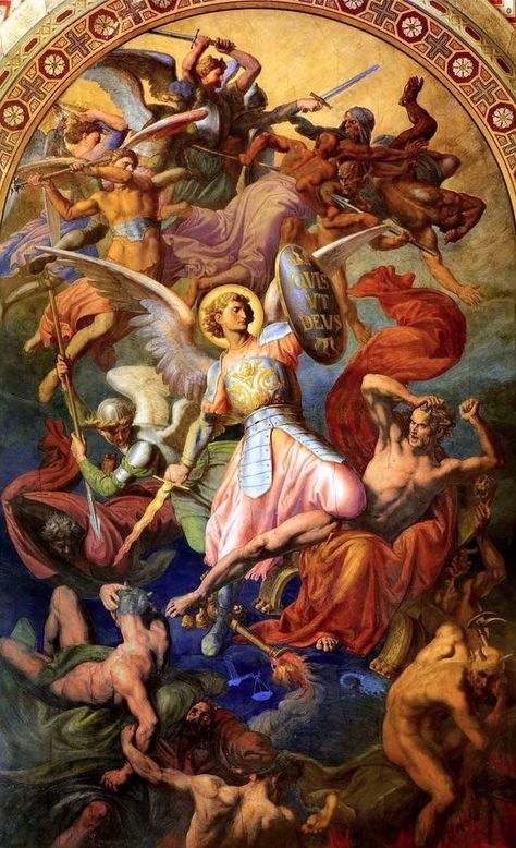 Solas on X: "Archangel Michael and war with the bad angels - scene by Leopold Kupelwieser from 1860 in nave of Altlerchenfelder church, Vienna https://t.co/C5E95WR0Kl" / X Italian Artwork, Rennaissance Art, Angel Images, San Michele, Biblical Art, Archangel Michael, Catholic Art, Angel Art, Sacred Art