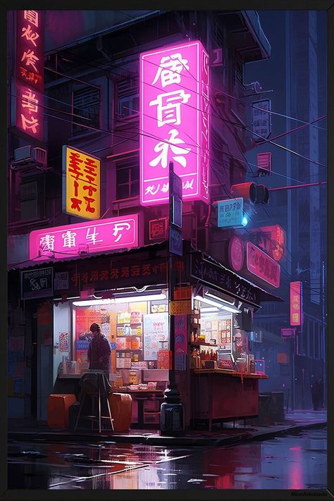 Punk Wall Art, Punk Decor, Neon Poster, Girl Jacket, Corner Store, Cyberpunk Aesthetic, Cyberpunk City, Arte Cyberpunk, Japan Aesthetic