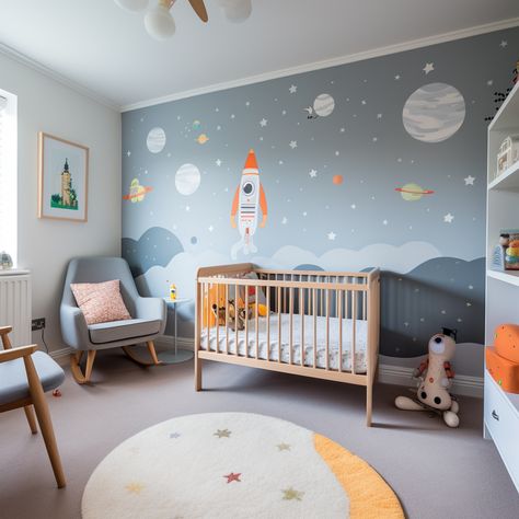 Aspiring space kids Kids Room Space Theme Wallpaper, Nursery Ideas Outer Space, Rocket Ship Nursery Space Theme, Ship Themed Nursery, Space Mural Nursery, Planet Themed Nursery, Nursery Room Space Theme, Nursery Ideas Space Theme, Space Theme Nursery Boys