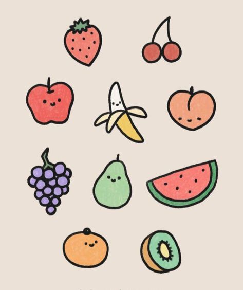 Fruits Doodle, Easy Fruit Drawing, Fruit Doodles, Easy Heart Drawings, Fruit Doodle, Cute Designs To Draw, Fruit Cartoon, Mini Doodle, Fruits Drawing