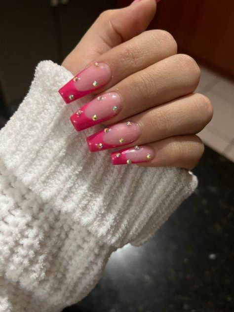 27 Captivating Pink French Tips Nails Every Girl Should Try - 190 Nails Acrylic Pink Rhinestones, Color French Tip Nails With Rhinestones, Pink V French Tip Nails Coffin, Pink Nails Acrylic Diamonds, Coffin Acrylic Nails French Tip Pink, Long Pink French Tip Nails With Rhinestones, Magenta French Tip Nails Acrylic, Hot Pink Nails With Pearls, Hot Pink French Tip Nails With Rhinestones