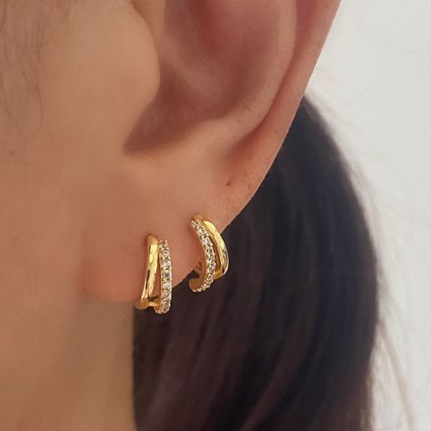 Gold Double Huggie Hoop Earrings, 18k gold plated Small Huggie, Minimalist Huggie Hoop Earrings, Gold Earrings, Gift for Her by AnettJewellery on Etsy Small Earrings Gold, Petite Earrings, Small Gold Hoop Earrings, Double Hoop Earrings, Small Gold Hoops, Hoop Earrings Gold, Minimalist Gifts, Gold Earrings Designs, Earring Cards