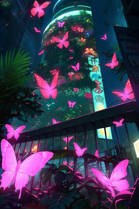 Cyberpunk Garden, Cyberpunk Butterfly, Bioluminescence Aesthetic, Neon City Aesthetic, Pink Neon Aesthetic, Neon Cyberpunk Aesthetic, Neon Pink Aesthetic, Neon Butterfly, Butterfly Gardens